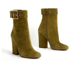 Gucci Kesha Suede Olive Green Ankle Boots Gold Buckle Block Heel Sz 38.5